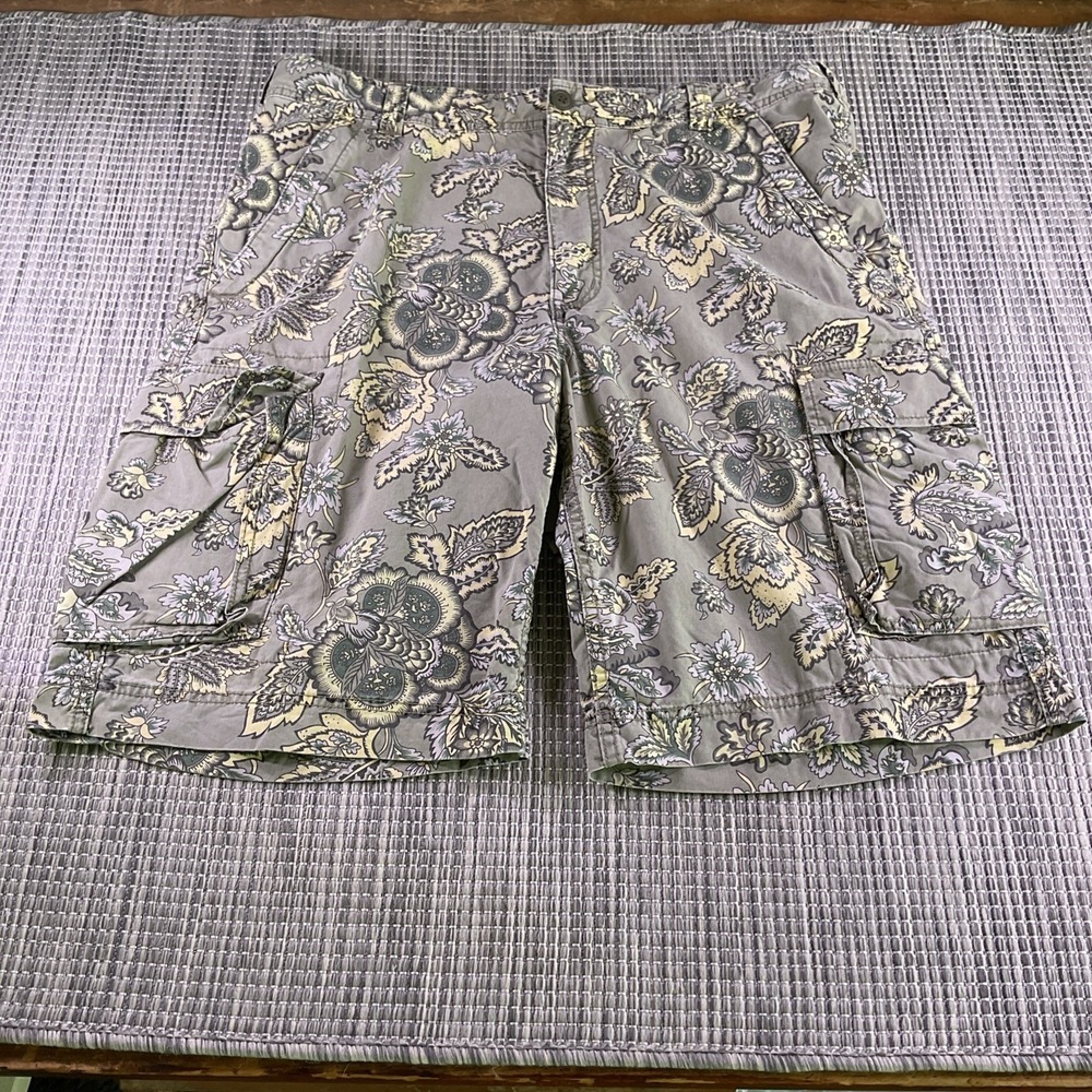 Express Mens Floral Paisley Cargo Shorts Blue Green Cotton Size 36 38 Waist